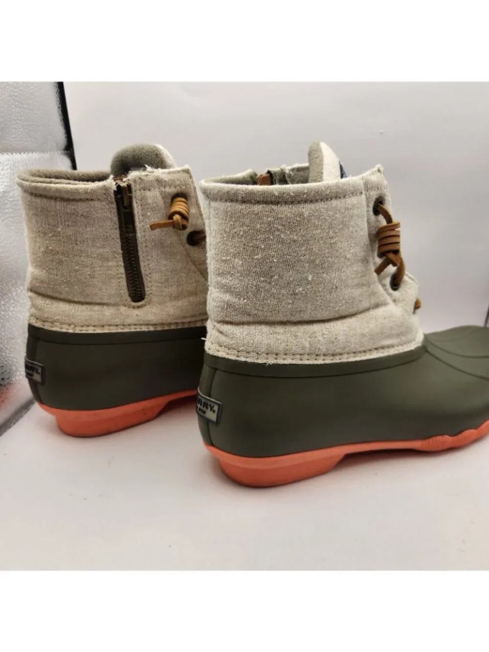 Sperry Topsider Saltwater Duck Boot Winter Shoe Rain Gray & Olive Green Side Zip